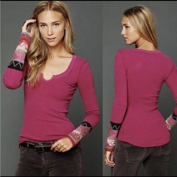 FREE PEOPLE Kombucha Cuff Thermal Top Boysenberry Fuchsia Women’s Size Medium - Picture 1 of 6